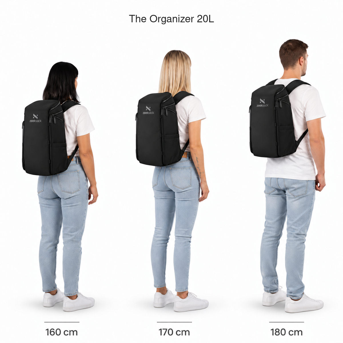 The Organizer 20L – størrelsessammenligning på personer, der er 160, 170 og 180 cm høje.