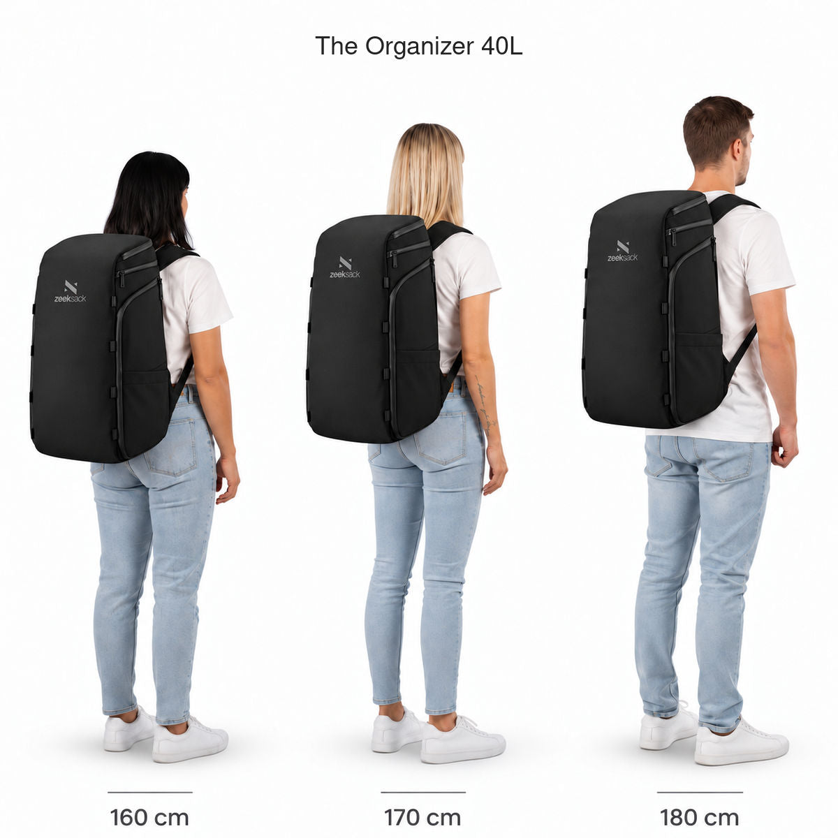 The Organizer 40L – størrelsessammenligning på personer, der er 160, 170 og 180 cm høje.