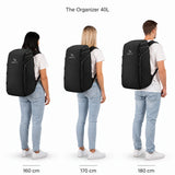 The Organizer 40L – størrelsessammenligning på personer, der er 160, 170 og 180 cm høje.