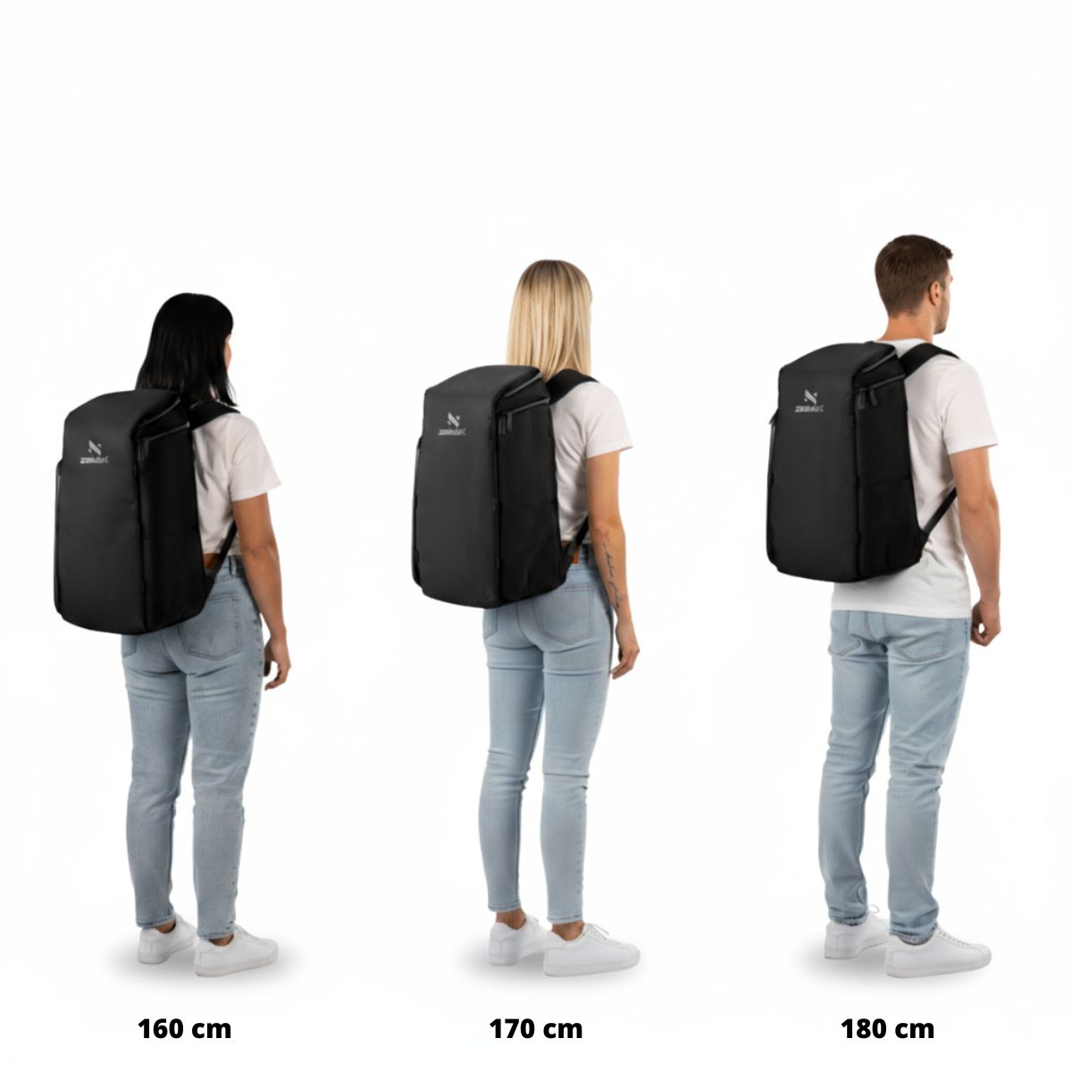 Størrelsesguide med rygsækken på personer, der er 160, 170 og 180 cm høje.
